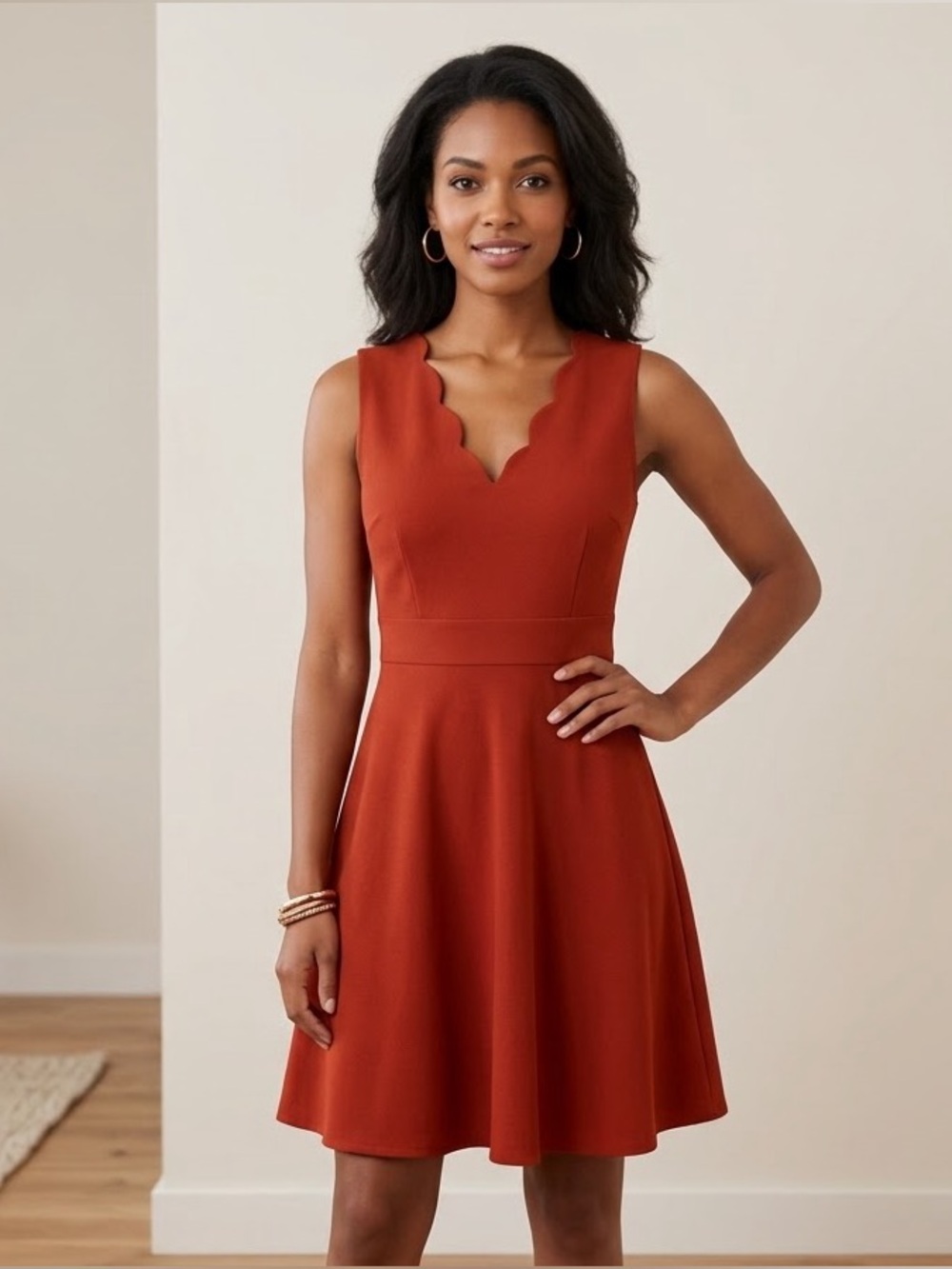 Red Sleeveless Dress with Ruffle Detail Neckline (Large)